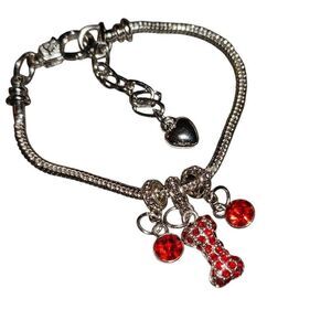 Silver Red Crystal Dog Bone Adjustable Charm Bracelet